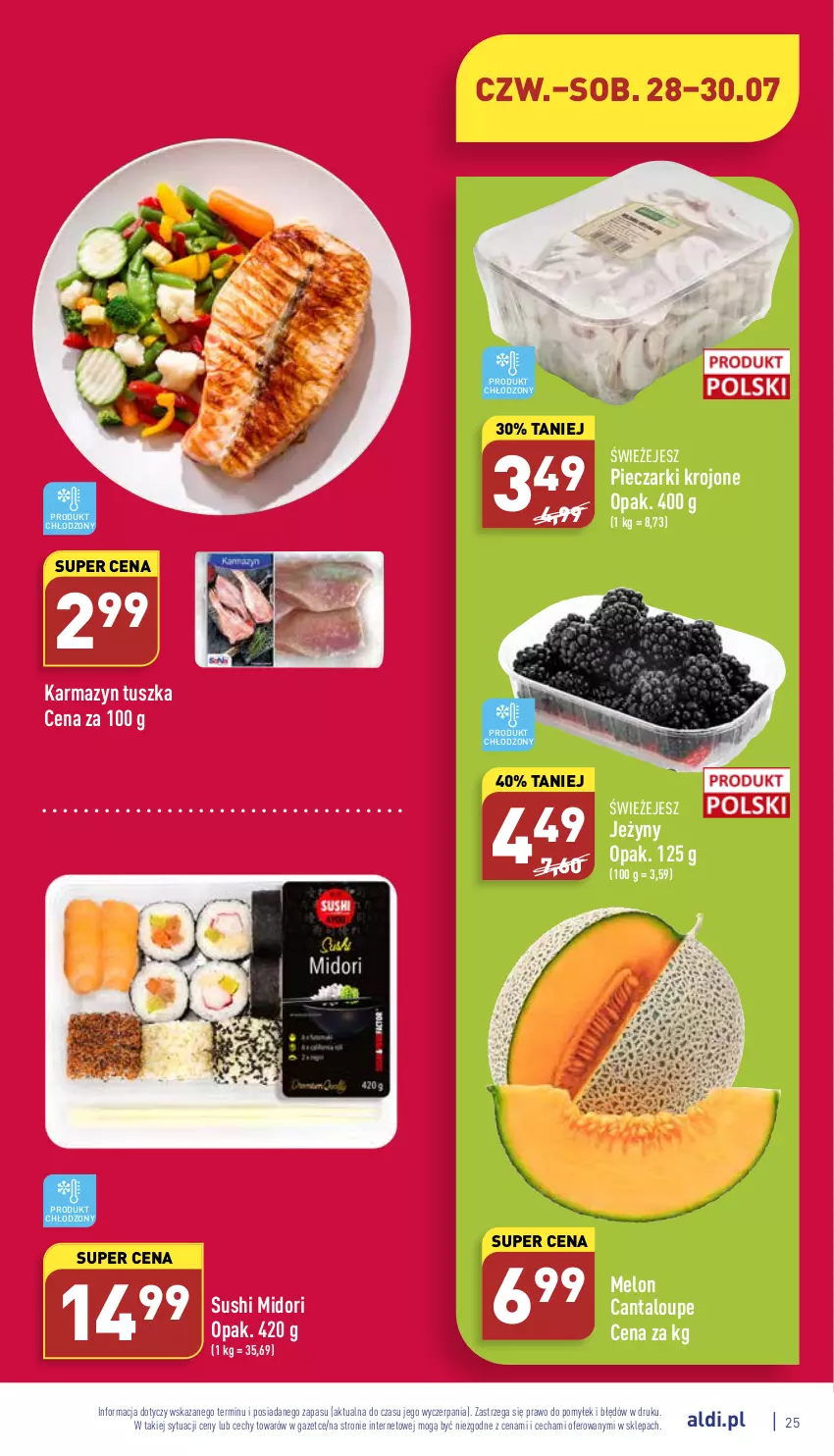 Gazetka promocyjna Aldi - Katalog spożywczy - ważna 25.07 do 30.07.2022 - strona 25 - produkty: Jeżyny, Melon, Piec, Pieczarki krojone, Sushi, Tusz