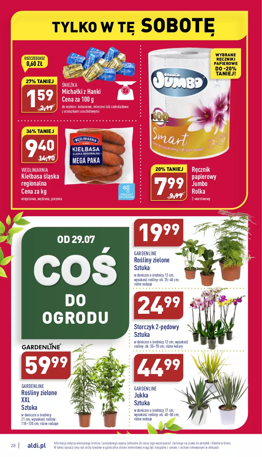 Gazetka promocyjna Aldi - Katalog spożywczy - ważna 25.07 do 30.07.2022 - strona 28 - produkty: Kiełbasa, Kiełbasa śląska, Kokos, Michałki, Papier, Ręcznik, Ręczniki papierowe, Sok, Storczyk