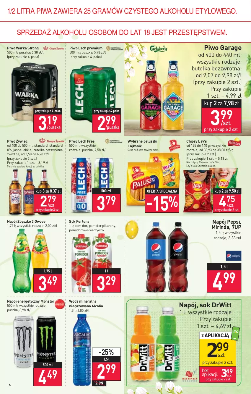 Gazetka promocyjna Stokrotka - Supermarket - ważna 31.03 do 06.04.2022 - strona 16 - produkty: 7up, Chipsy, Fortuna, Gra, Lajkonik, Lay’s, Lech Premium, Mirinda, Napój, Napój energetyczny, Owoce, Pepsi, Piwa, Piwo, Salsa, Sok, Warka, Woda, Woda mineralna