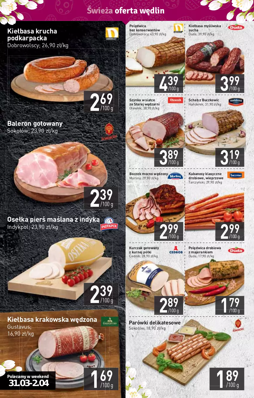 Gazetka promocyjna Stokrotka - Supermarket - ważna 31.03 do 06.04.2022 - strona 4 - produkty: Boczek, Duda, HP, Kabanos, Karp, Kiełbasa, Kiełbasa krakowska, Kiełbasa krucha, Kurczak, Kurczak gotowany, LANA, Morliny, Olewnik, Parówki, Polędwica, Ser, Sok, Sokołów, Szynka, Tarczyński