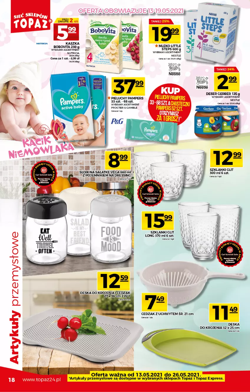 Gazetka promocyjna Topaz - Gazetka - ważna 13.05 do 19.05.2021 - strona 18 - produkty: BoboVita, Cedzak, Deser, Deska do krojenia, Dres, Gerber, Lanki, Mleko, Pampers, Pieluchy, Pojemnik, Sałat, Ser, Top