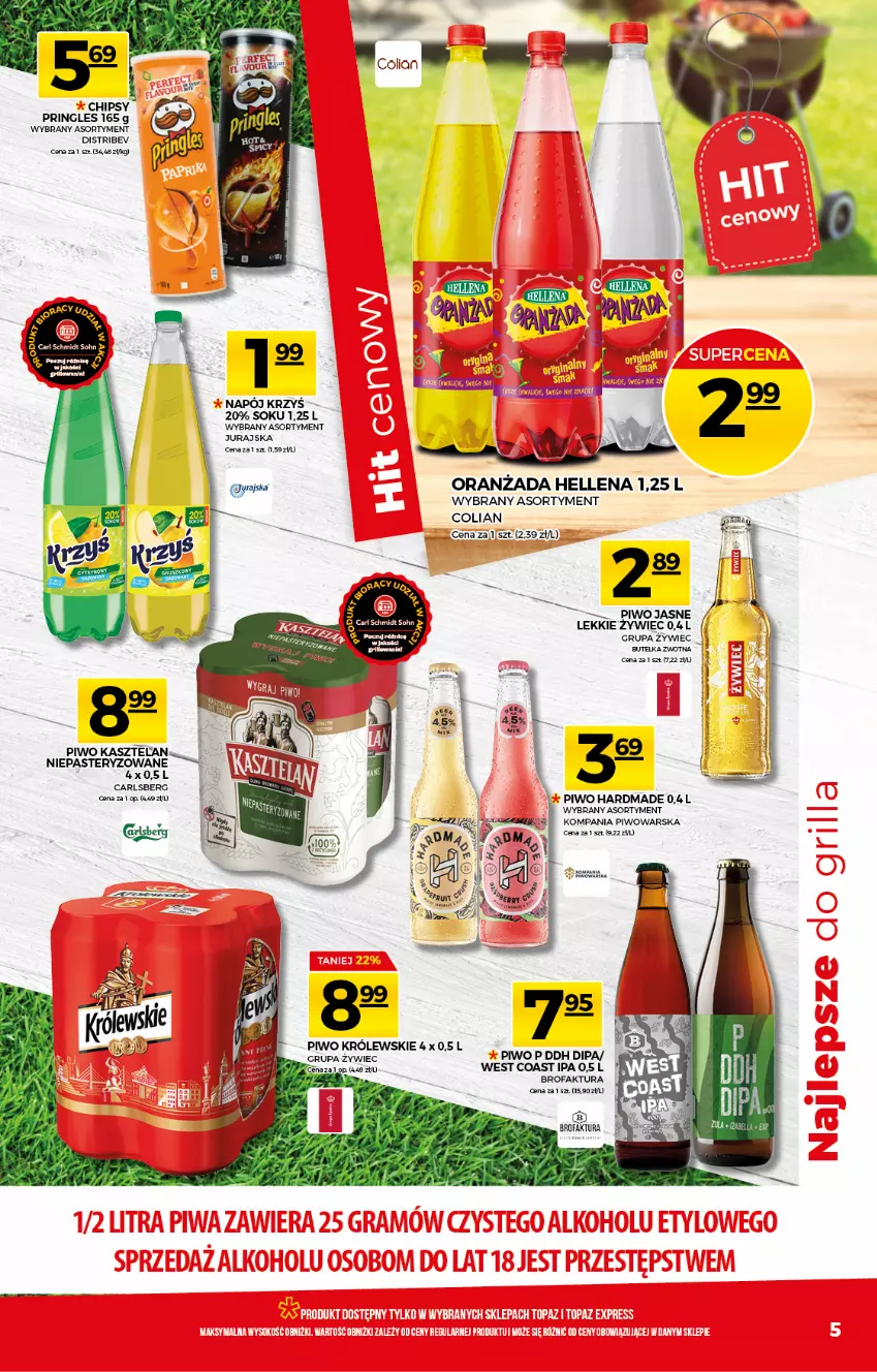 Gazetka promocyjna Topaz - Gazetka - ważna 13.05 do 19.05.2021 - strona 5 - produkty: Carlsberg, Chipsy, Fa, Hellena, Kasztelan, Królewski, Oranżada, Piwo, Piwo jasne, Pringles, Sok