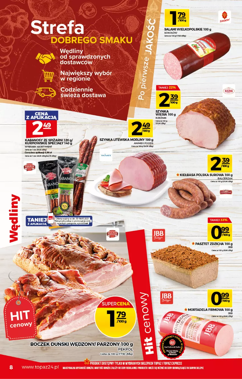 Gazetka promocyjna Topaz - Gazetka - ważna 13.05 do 19.05.2021 - strona 8 - produkty: Boczek, Kabanos, Kiełbasa, Morliny, Pasztet, Pekpol, Salami, Sok, Sokołów, Szynka