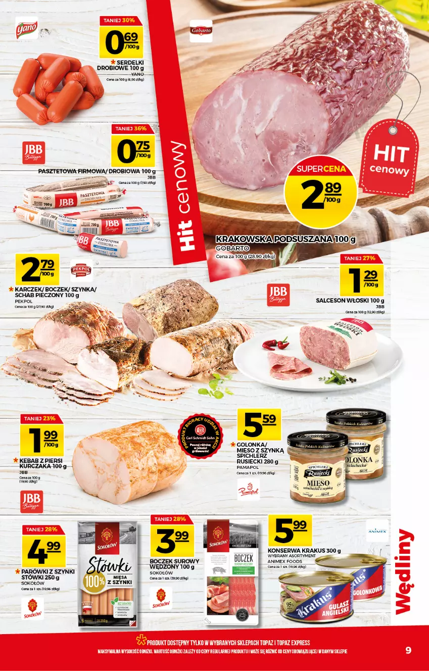 Gazetka promocyjna Topaz - Gazetka - ważna 13.05 do 19.05.2021 - strona 9 - produkty: Boczek, Kebab, Krakus, Kurczak, Mięso, Pekpol, Piec, Salceson, Schab pieczony, Ser, Serdelki, Sok, Sokołów, Szynka