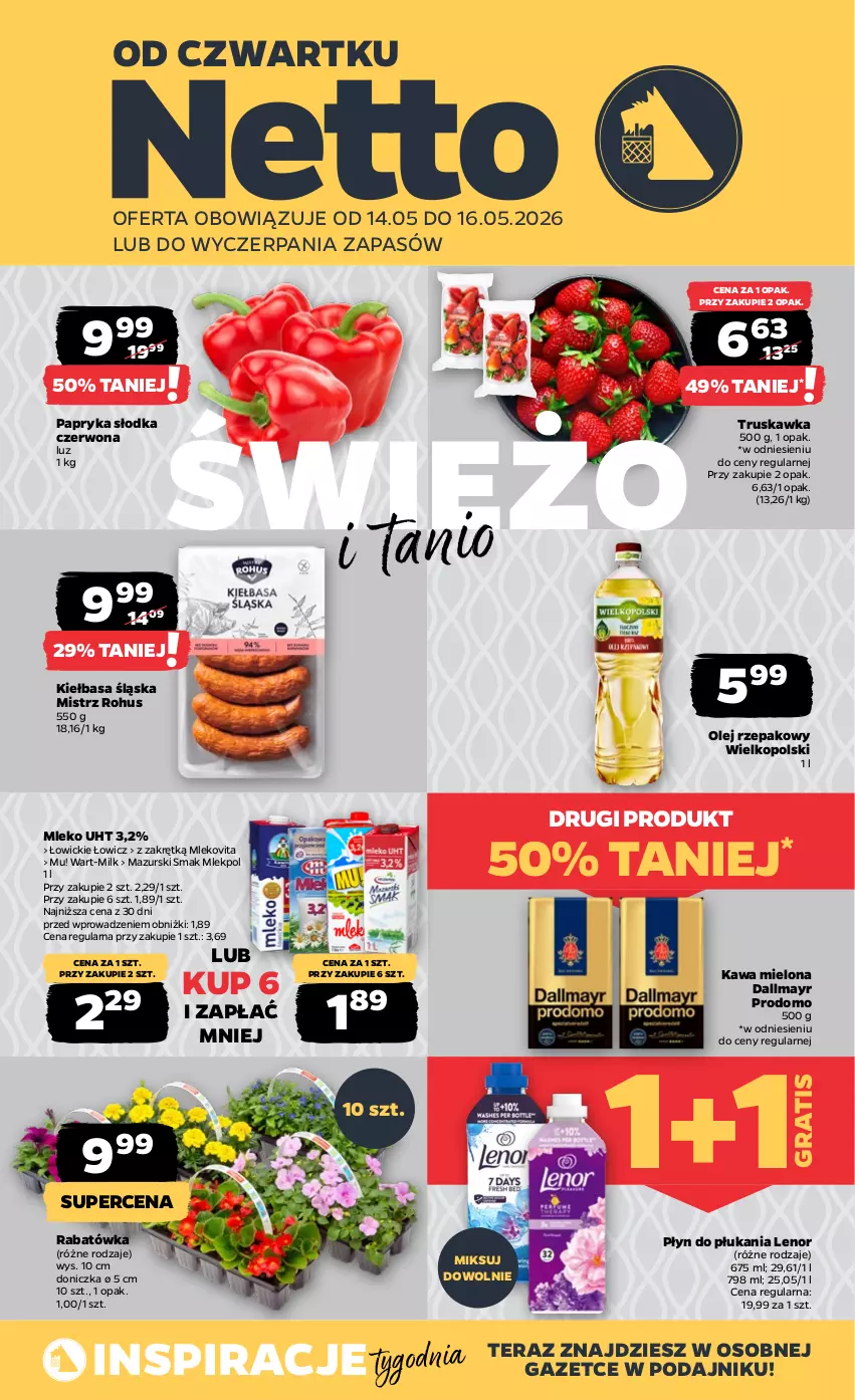 Gazetka promocyjna Netto - Od Czwartku - ważna 14.05 do 16.05.2026 - strona 1 - produkty: Dallmayr, Gra, Kawa, Kawa mielona, Kiełbasa, Kiełbasa śląska, Lenor, Mleko, Mlekovita, Olej, Olej rzepakowy, Papryka, Papryka słodka, Płyn do płukania, Tera
