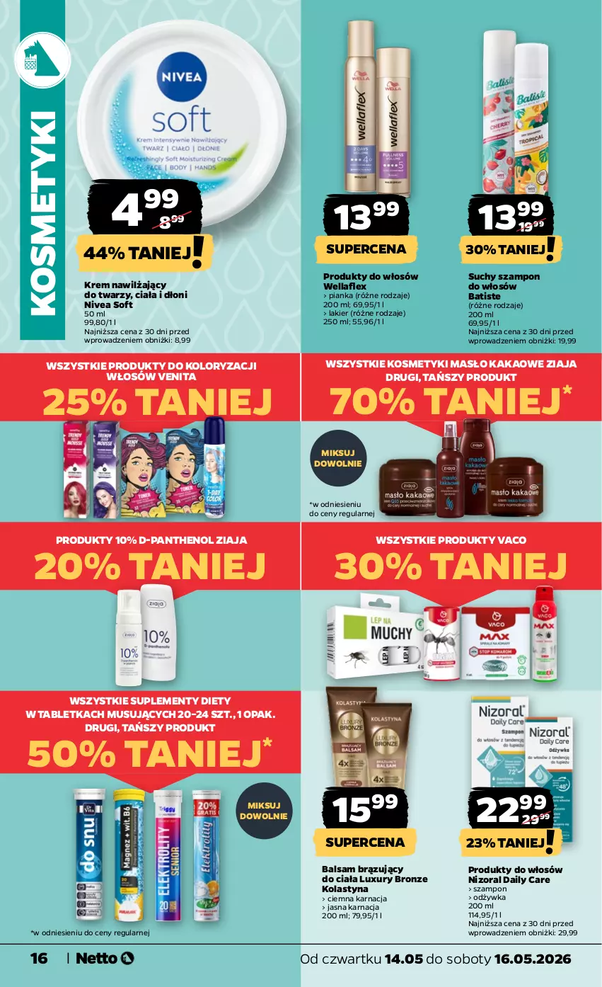 Gazetka promocyjna Netto - Od Czwartku - ważna 14.05 do 16.05.2026 - strona 16 - produkty: Batiste, Kakao, Krem nawilżający, Lakier, Masło, Mus, Nivea, Odżywka, Suchy szampon, Szampon, Tablet, Wella, Wellaflex, Ziaja