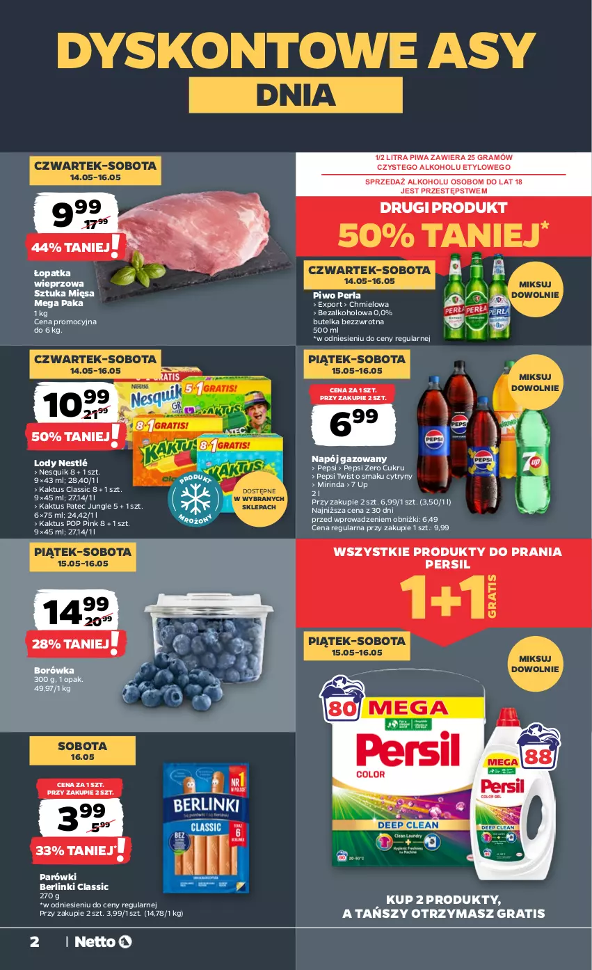 Gazetka promocyjna Netto - Od Czwartku - ważna 14.05 do 16.05.2026 - strona 2 - produkty: Berlinki, Borówka, Cytryny, Gra, Kaktus, Lody, Mirinda, Napój, Napój gazowany, Nesquik, Nestlé, Parówki, Pepsi, Perła, Persil, Piwa, Piwo, Por