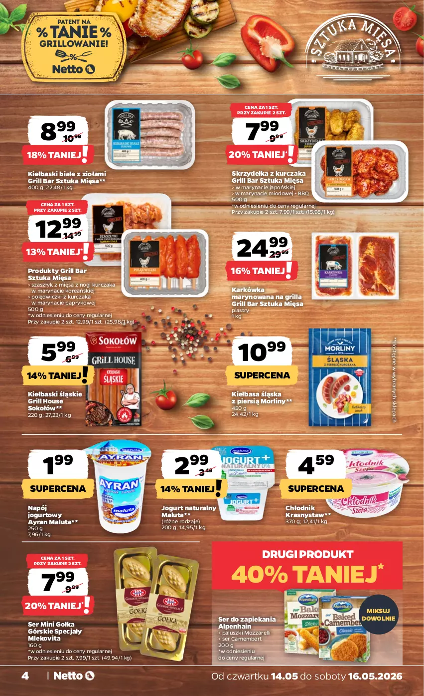 Gazetka promocyjna Netto - Od Czwartku - ważna 14.05 do 16.05.2026 - strona 4 - produkty: Camembert, Grill, Jogurt, Jogurt naturalny, Kiełbasa, Kiełbasa śląska, Kiełbaski białe, Kiełbaski śląskie, Kurczak, Mleko, Mlekovita, Morliny, Napój, Napój jogurtowy, Polędwiczki z kurczaka, Ser, Skrzydełka z kurczaka, Sok, Sokołów