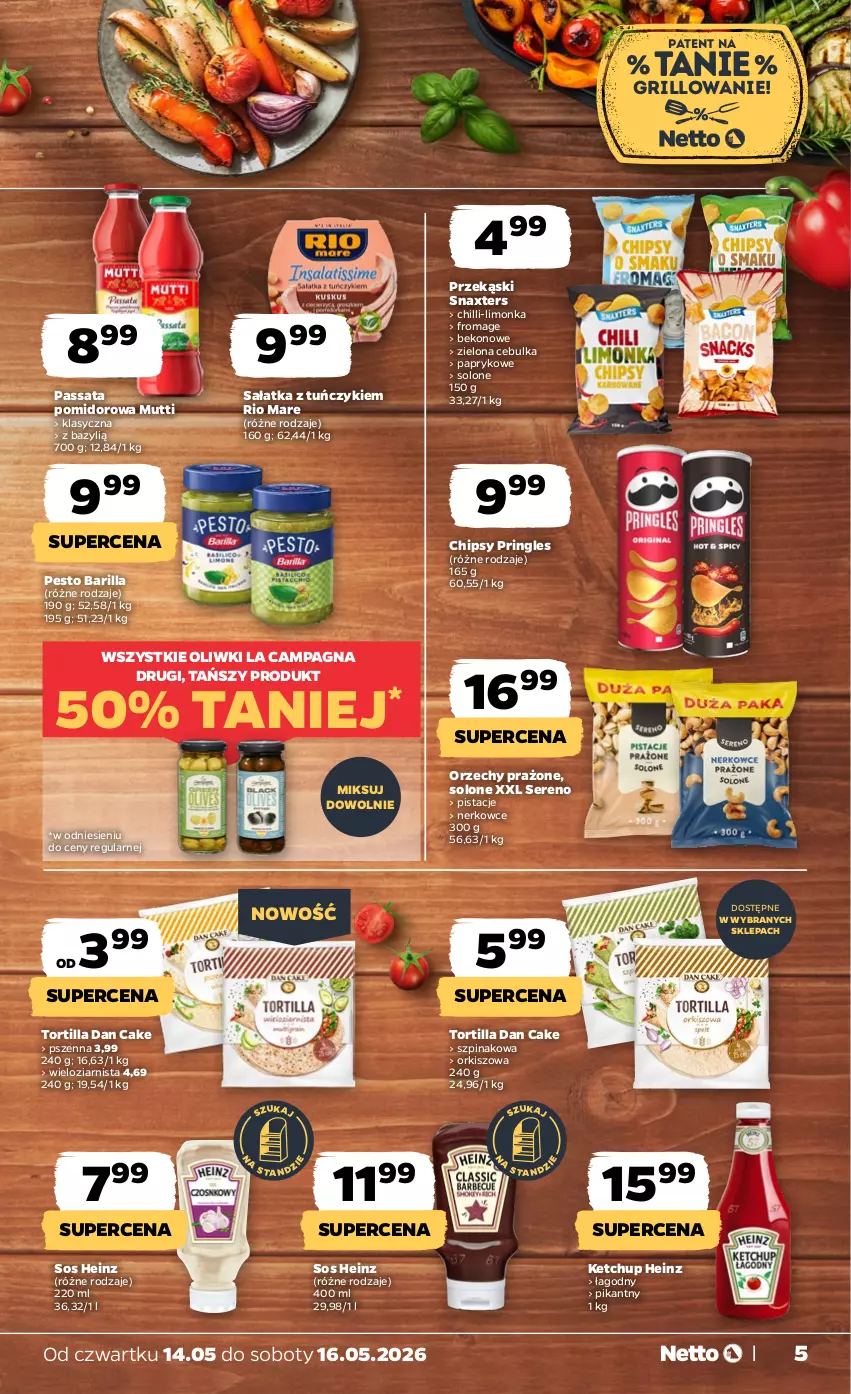 Gazetka promocyjna Netto - Od Czwartku - ważna 14.05 do 16.05.2026 - strona 5 - produkty: Barilla, Bazyl, Beko, Chipsy, Dan Cake, Grill, Heinz, Ketchup, Limonka, Oliwki, Pesto, Pistacje, Pringles, Rio Mare, Sałat, Sałatka, Ser, Sos, Szpinak, Tortilla, Tuńczyk