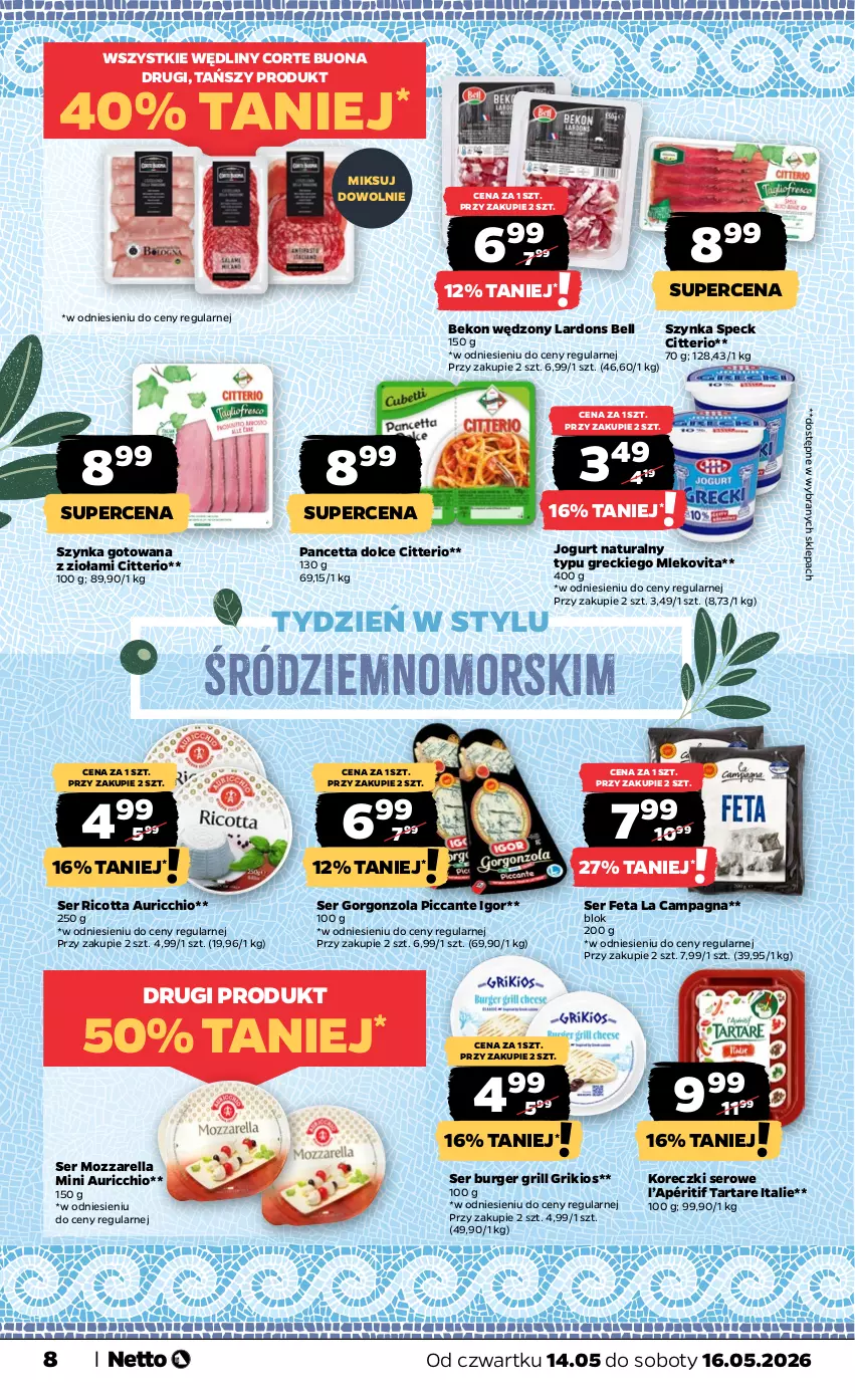 Gazetka promocyjna Netto - Od Czwartku - ważna 14.05 do 16.05.2026 - strona 8 - produkty: Beko, Bell, Burger, Feta, Gorgonzola, Grill, Jogurt, Jogurt naturalny, Mleko, Mlekovita, Mozzarella, Ricotta, Ser, Szynka, Tarta, Tartare