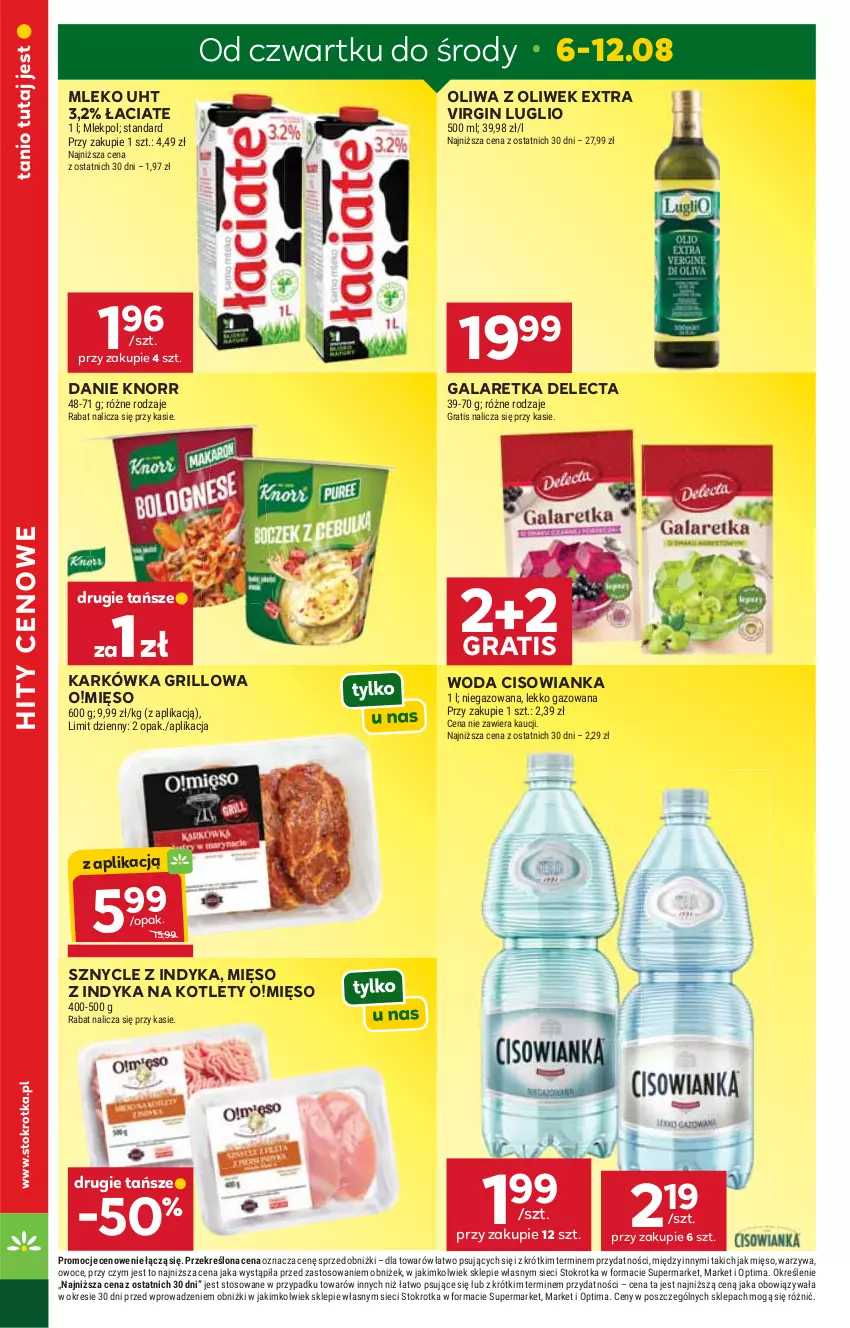 Gazetka promocyjna Stokrotka - Supermarket - ważna 06.08 do 12.08.2026 - strona 4 - produkty: Cisowianka, Delecta, Gala, Galaretka, Gin, Gra, Grill, Knorr, Kotlet, Mięso, Mięso z indyka, Mleko, Oliwa, Oliwa z oliwek, Optima, Owoce, Warzywa, Woda