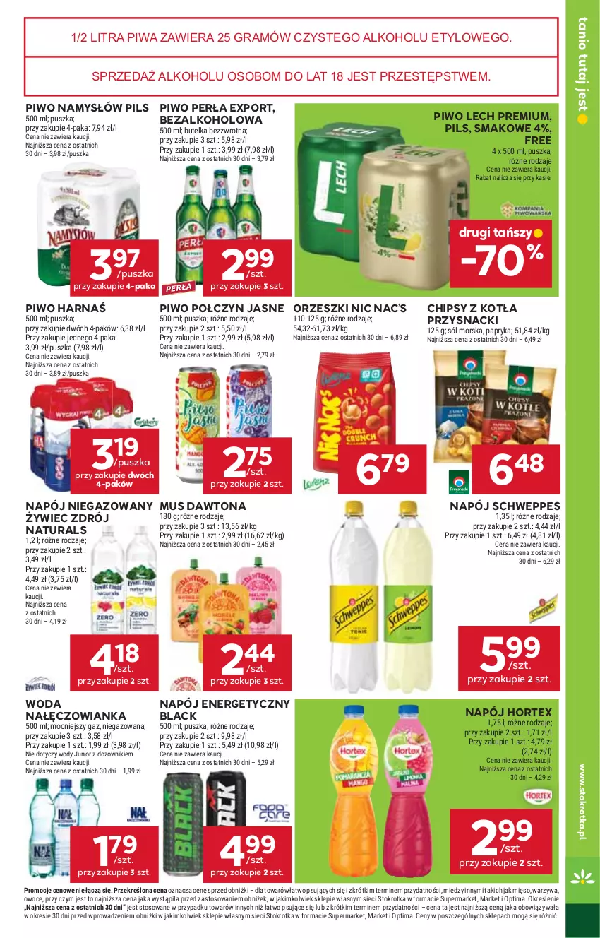 Gazetka promocyjna Stokrotka - Supermarket - ważna 06.08 do 12.08.2026 - strona 41 - produkty: Chipsy, Dawtona, Dozownik, Gra, Harnaś, Hortex, Lack, Lech Premium, Mięso, Mus, Nałęczowianka, Namysłów, Napój, Napój energetyczny, Napój niegazowany, Optima, Orzeszki, Owoce, Papryka, Perła, Piwa, Piwo, Por, Przysnacki, Schweppes, Sól, Warzywa, Woda