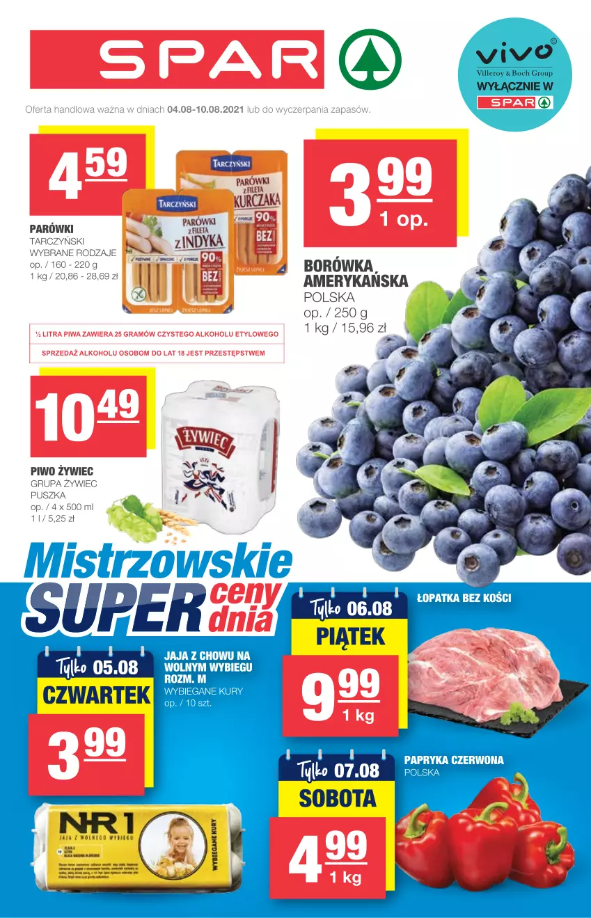 Gazetka promocyjna Spar - Eurospar - ważna 04.08 do 10.08.2021 - strona 1 - produkty: Jaja, Kurczak, Parówki, Piwo, Surf, Tarczyński