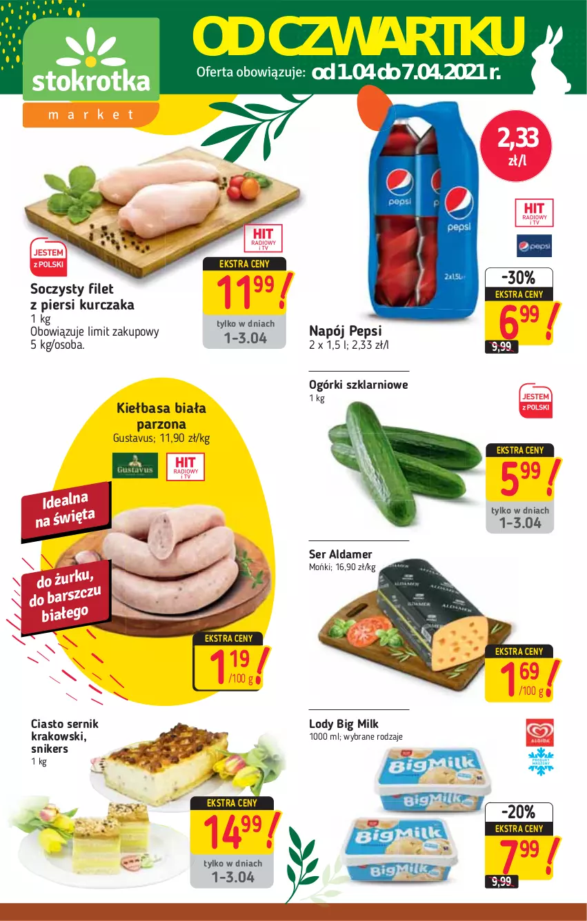 Gazetka promocyjna Stokrotka - Market - ważna 01.04 do 07.04.2021 - strona 1 - produkty: Big Milk, Ciasto sernik, Kiełbasa, Kiełbasa biała, Kurczak, Lody, Napój, Nike, Pepsi, Ser