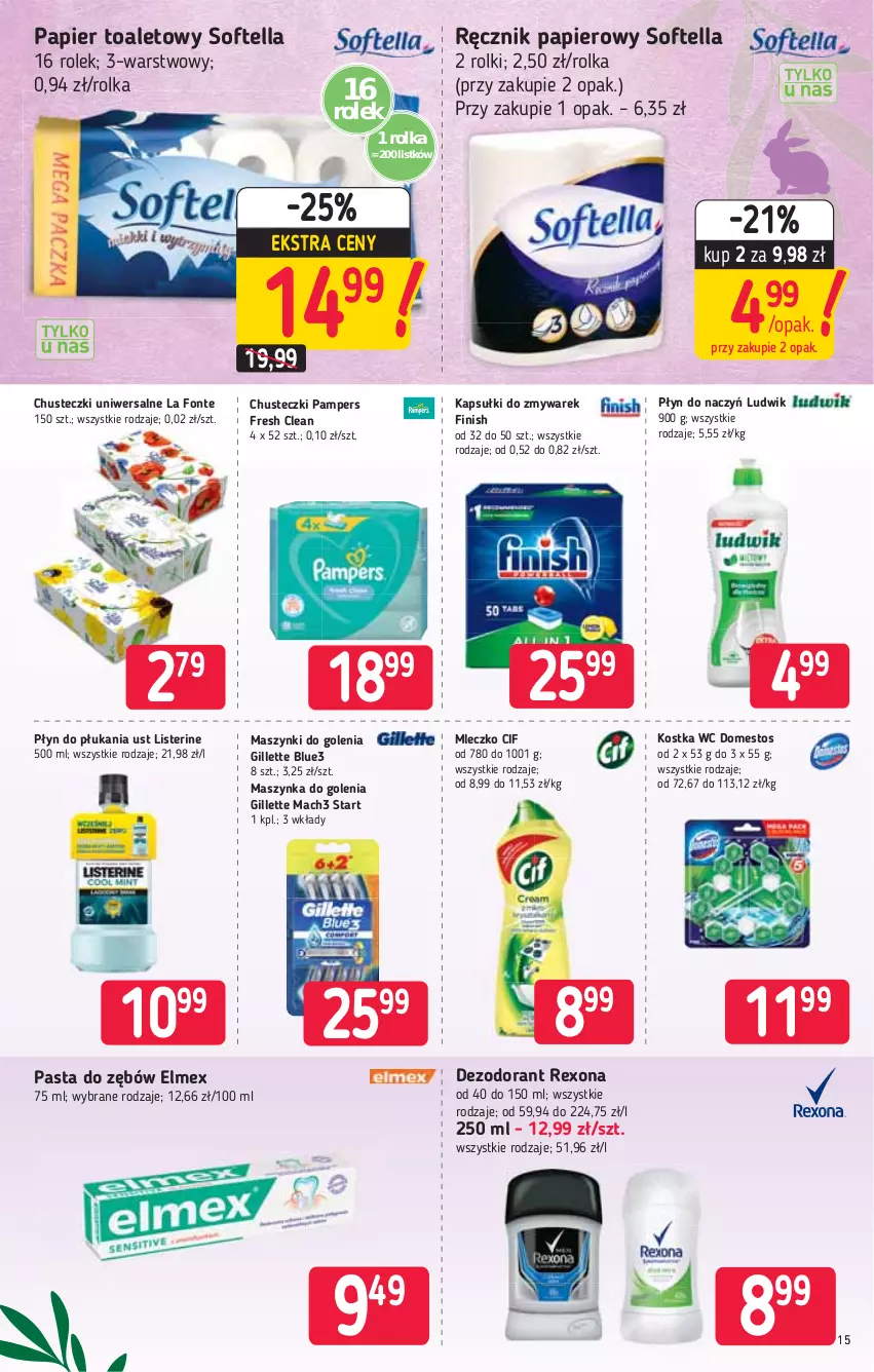 Gazetka promocyjna Stokrotka - Market - ważna 01.04 do 07.04.2021 - strona 15 - produkty: Chusteczki, Cif, Dezodorant, Domestos, Elmex, Finish, Gillette, Listerine, Ludwik, Mach3, Maszynka, Maszynka do golenia, Mleczko, Pampers, Papier, Papier toaletowy, Pasta do zębów, Płyn do płukania, Ręcznik, Rexona, Rolki, Szynka