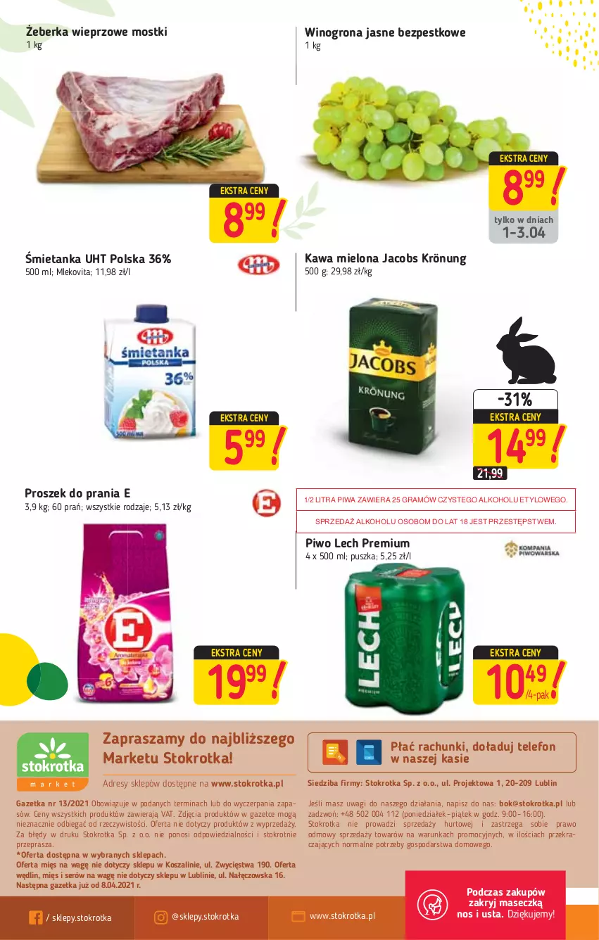 Gazetka promocyjna Stokrotka - Market - ważna 01.04 do 07.04.2021 - strona 16 - produkty: Dres, Gra, Jacobs, Jacobs Krönung, JBL, Kawa, Kawa mielona, Kosz, Lech Premium, Mleko, Mlekovita, O nas, Piwa, Piwo, Proszek do prania, Ser, Szal, Telefon, Wagi, Wino, Winogrona