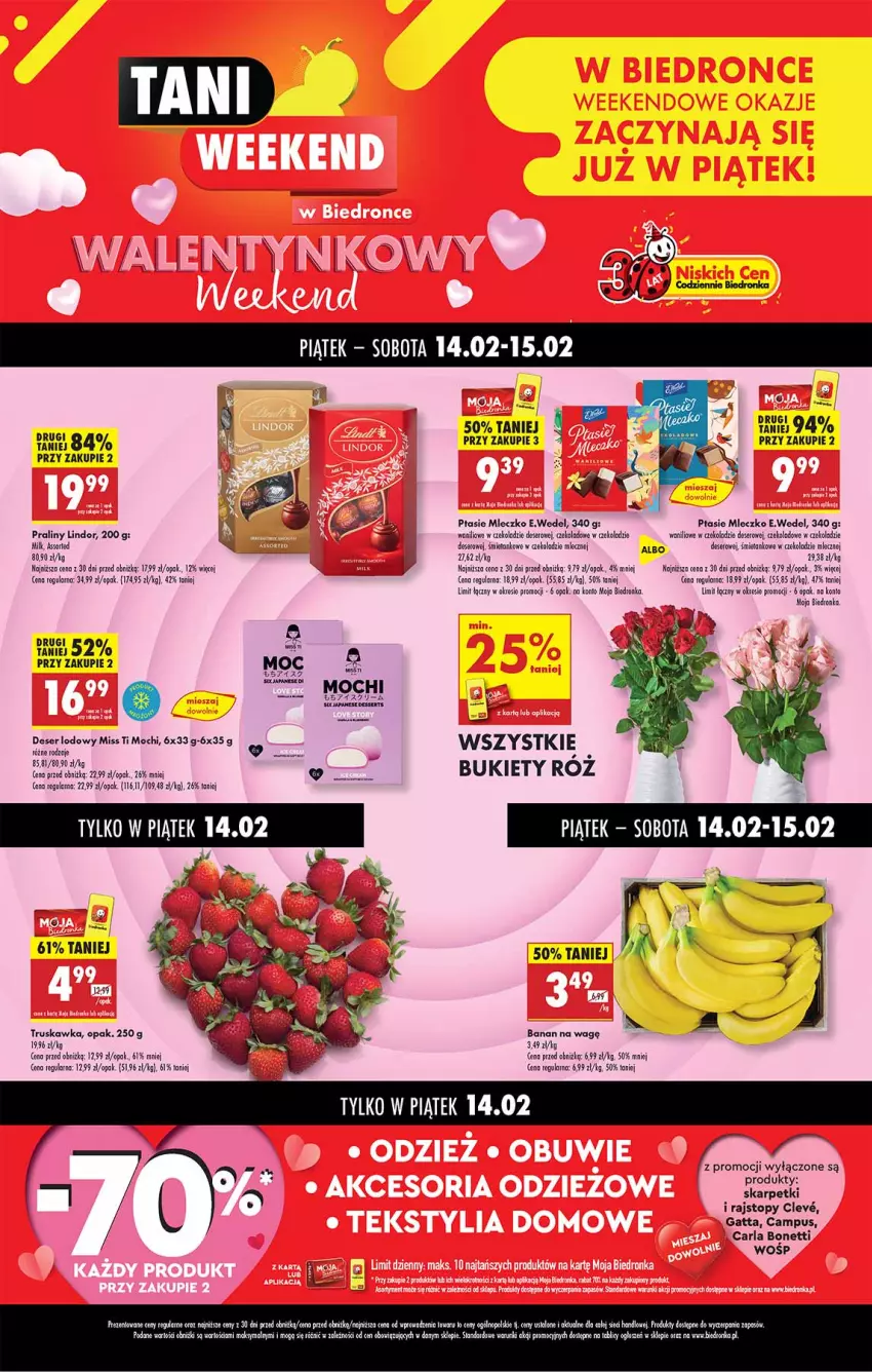 Gazetka promocyjna Biedronka - Tani Weekend - ważna 14.02 do 15.02.2025 - strona 1 - produkty: Bukiet, Deser, Gatta, Karp, Lindor, Mleczko, Praliny, Ptasie mleczko, Rajstopy, Ser, Skarpetki, Top