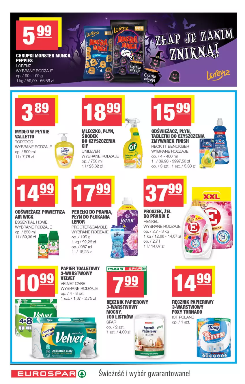 Gazetka promocyjna Spar - EuroSpar - ważna 21.10 do 01.11.2026 - strona 14 - produkty: Air Wick, Chrupki, Cif, Finish, Foxy, Lenor, Lorenz, Miecz, Mleczko, Monster Munch, Mydło, Mydło w płynie, Odświeżacz powietrza, Papier, Papier toaletowy, Płyn do płukania, Ręcznik, Ser, Tablet, Top, Velvet