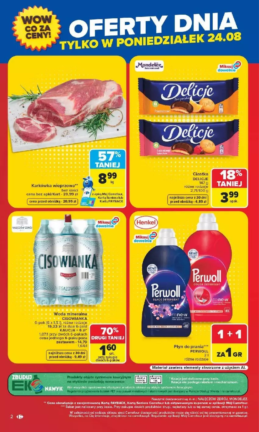 Gazetka promocyjna Carrefour - Gazetka Carrefour Arkadia w SUMIE Zmieniliśmy się dla Ciebie - ważna 24.08 do 30.08.2026 - strona 2 - produkty: Ciastka, Delicje, Jaja, Karkówka wieprzowa, Lack, Płyn do prania, Woda, Woda mineralna