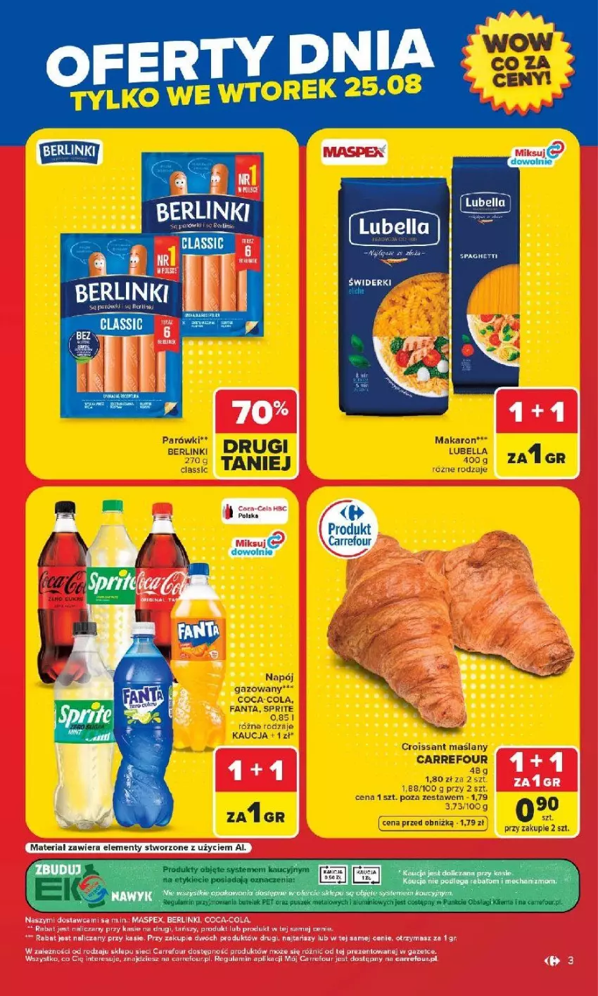 Gazetka promocyjna Carrefour - Gazetka Carrefour Arkadia w SUMIE Zmieniliśmy się dla Ciebie - ważna 24.08 do 30.08.2026 - strona 3 - produkty: Berlinki, Coca-Cola, EPEE, Fa, Fanta, Makaron, Napój, Parówki, Sprite