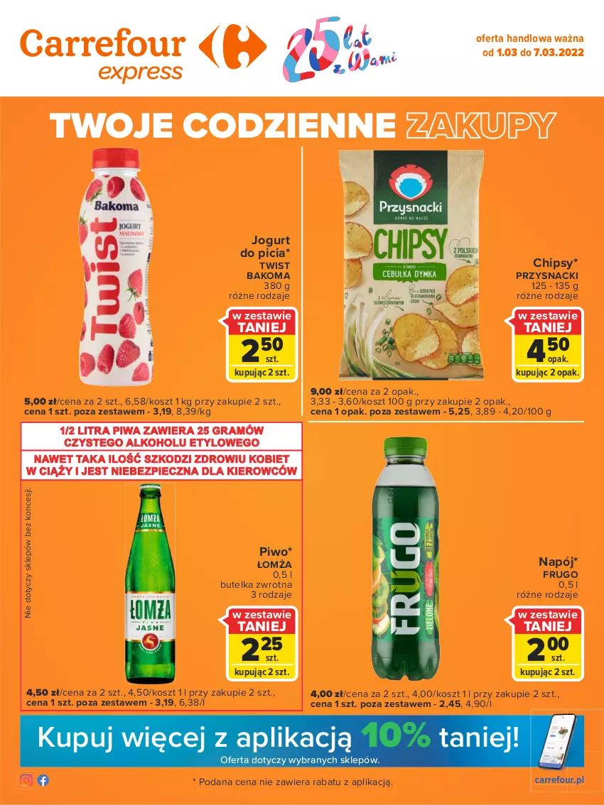 Gazetka promocyjna Carrefour - Gazetka Express - ważna 01.03 do 07.03.2022 - strona 1 - produkty: Bakoma, Chipsy, Gra, Jogurt, Kosz, Napój, Piwa, Piwo, Przysnacki