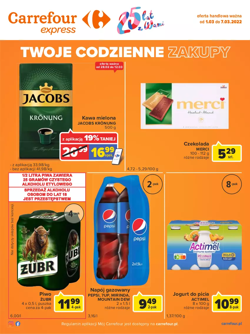 Gazetka promocyjna Carrefour - Gazetka Express - ważna 01.03 do 07.03.2022 - strona 2 - produkty: 7up, Actimel, Czekolada, Gra, Jacobs, Jacobs Krönung, Jogurt, Kawa, Kawa mielona, Merci, Mirinda, Napój, Napój gazowany, Pepsi, Piwa, Piwo