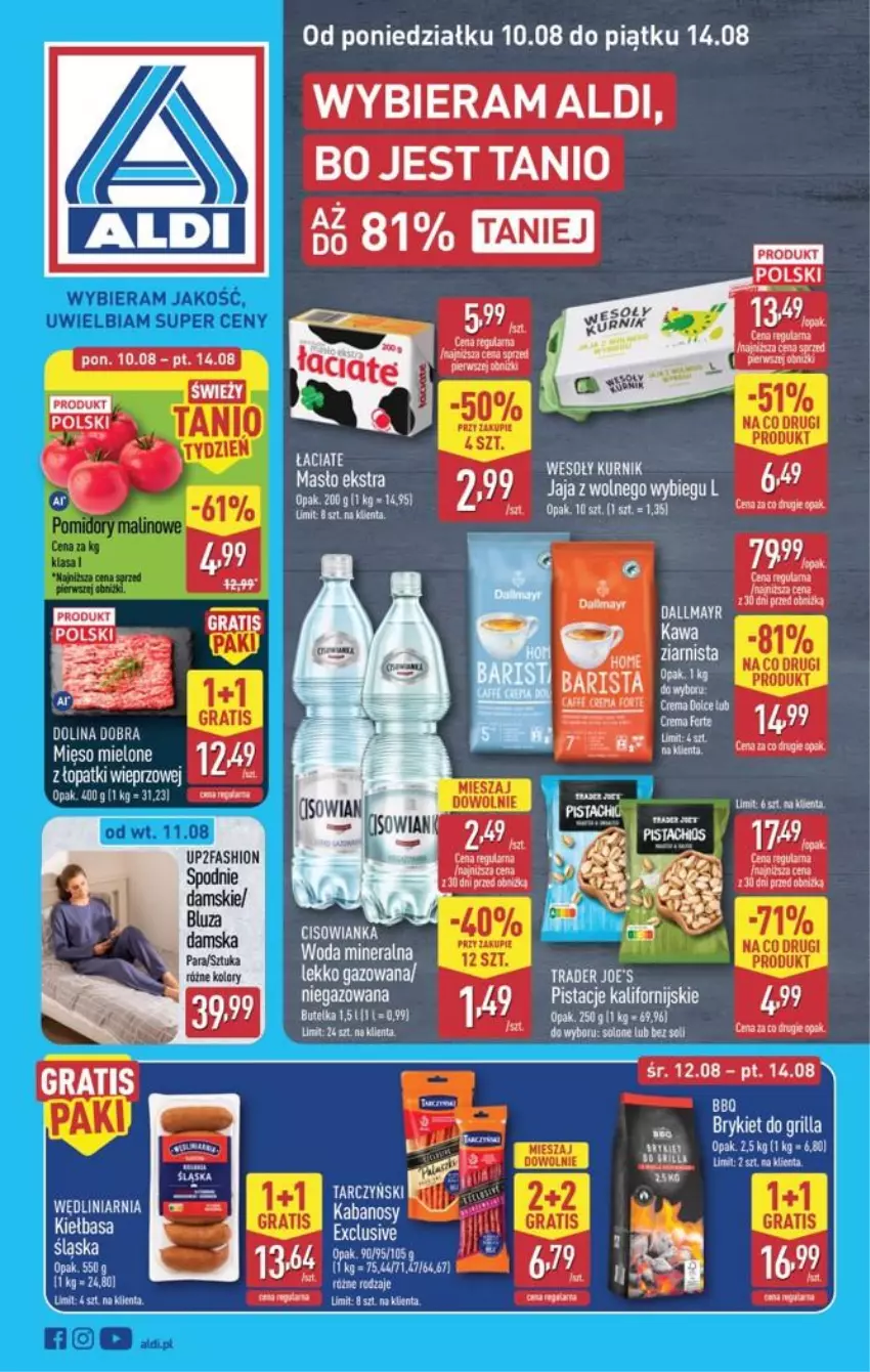 Gazetka promocyjna Aldi - Pełna oferta - ważna 10.08 do 14.08.2026 - strona 1 - produkty: Fa, Gaga, Gra, HP, Jaja, Mięso, Mięso mielone, Pistacje, Por, Tera, Top, Woda, Woda mineralna