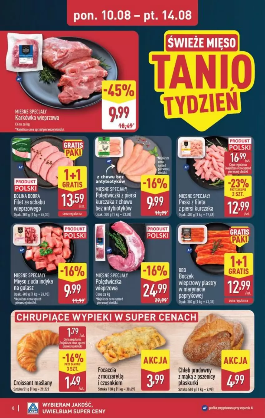 Gazetka promocyjna Aldi - Pełna oferta - ważna 10.08 do 14.08.2026 - strona 8 - produkty: Chleb, Croissant, Fa, Focaccia, Karkówka wieprzowa, Koc, Kurczak, Mięsne specjały, Mięso
