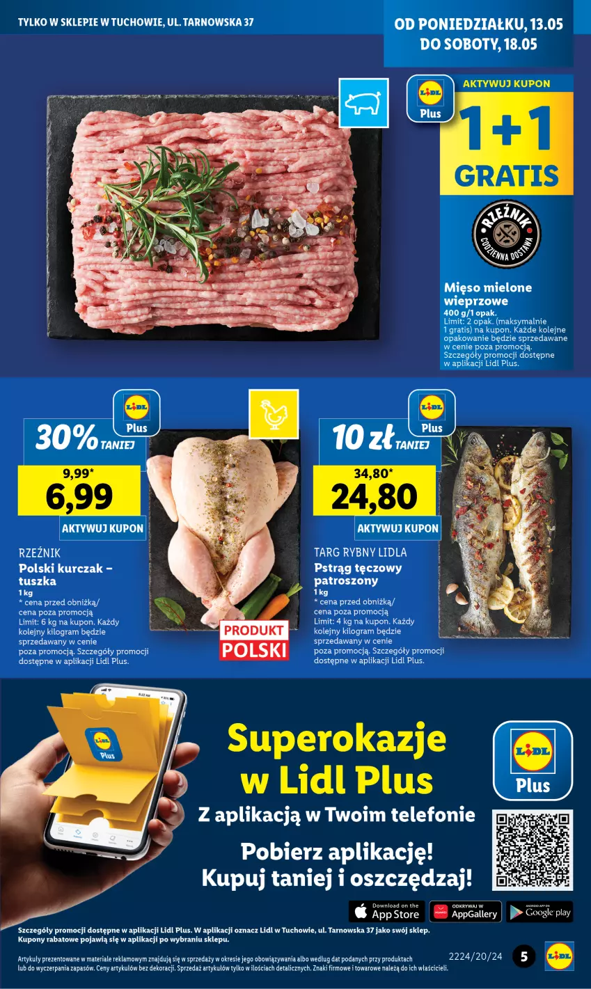 Gazetka promocyjna Lidl - Nowy Lidl w Tuchowie już otwarty - ważna 13.05 do 18.05.2024 - strona 5 - produkty: Gra, Kurczak, Mięso, Mięso mielone, Olej, Pstrąg, Pstrąg tęczowy, Telefon