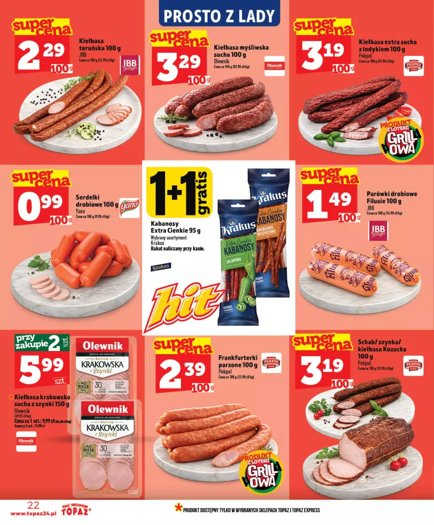 Gazetka promocyjna Topaz - Gazetka - ważna 03.06 do 10.06.2026 - strona 22 - produkty: Frankfurterki, Kabanos, Kiełbasa, Kiełbasa krakowska, Krakus, NBA, Olewnik, Parówki, Pekpol, Ser, Serdelki, Szynka, Top