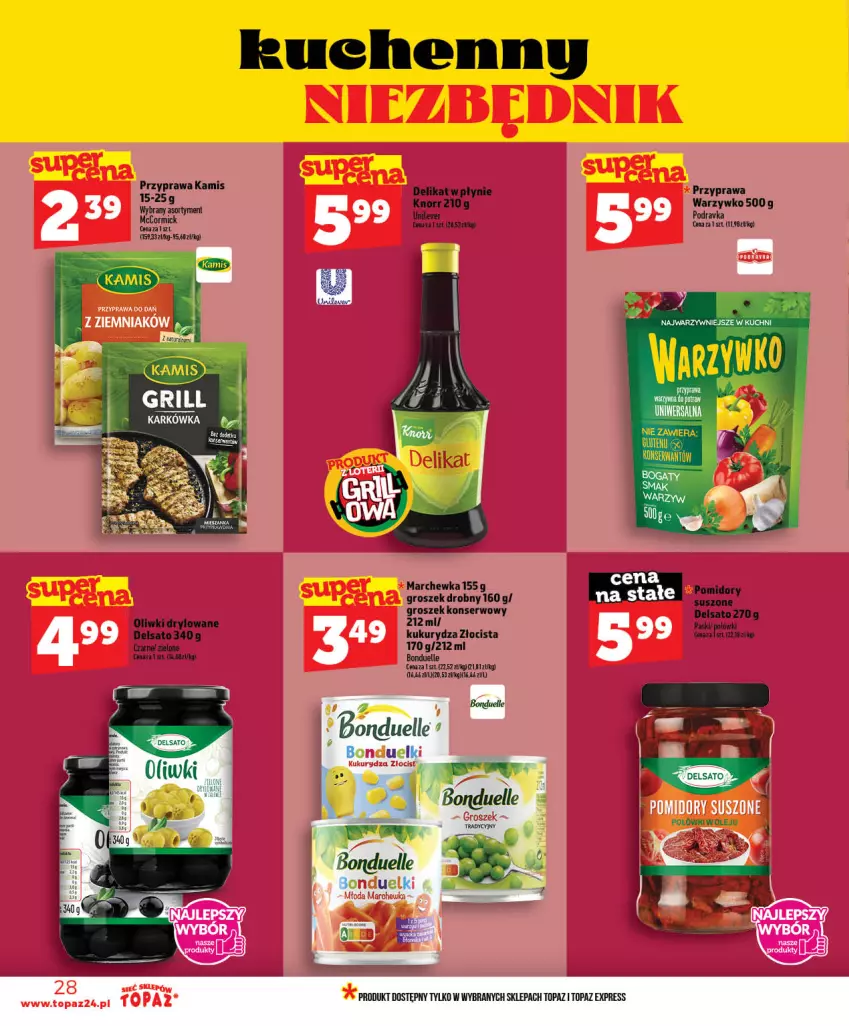 Gazetka promocyjna Topaz - Gazetka - ważna 03.06 do 10.06.2026 - strona 28 - produkty: Bonduelle, Groszek, Knorr, Kukurydza, Marchewka, Olej, Oliwki, Podravka, Ser, Top