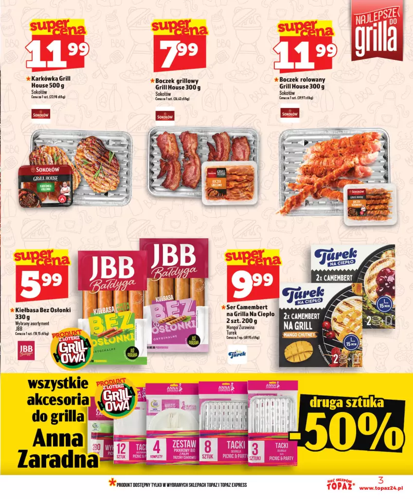 Gazetka promocyjna Topaz - Gazetka - ważna 03.06 do 10.06.2026 - strona 3 - produkty: Boczek, Camembert, Fa, Grill, Kiełbasa, Mango, Ser, Sok, Sokołów, Top