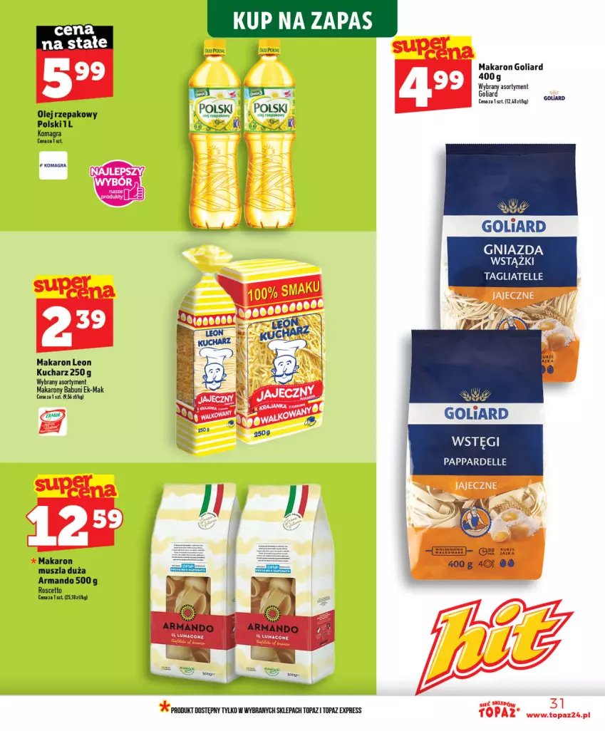Gazetka promocyjna Topaz - Gazetka - ważna 03.06 do 10.06.2026 - strona 31 - produkty: Babuni, Dell, Goliard, Gra, Leon, Makaron, Mus, Olej, Por, Tagliatelle, Top