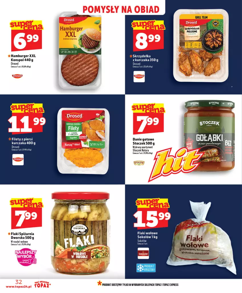 Gazetka promocyjna Topaz - Gazetka - ważna 03.06 do 10.06.2026 - strona 32 - produkty: Burger, Danie gotowe, Flaki, Hamburger, Kurczak, Sok, Sokołów, Top