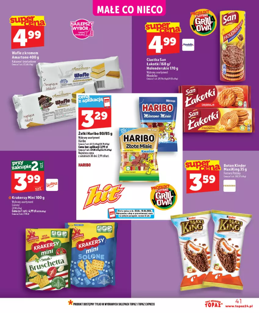 Gazetka promocyjna Topaz - Gazetka - ważna 03.06 do 10.06.2026 - strona 41 - produkty: Ciastka, Haribo, Kakao, Kinder, Krakersy, Por, Top, Wafle