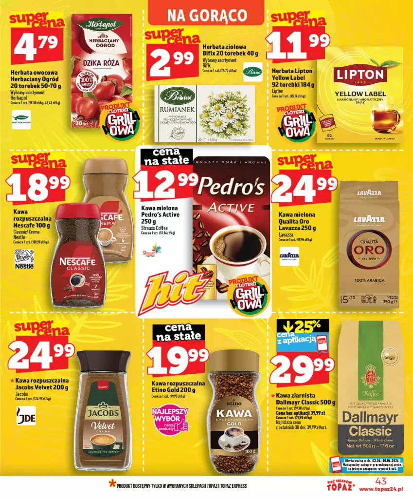 Gazetka promocyjna Topaz - Gazetka - ważna 03.06 do 10.06.2026 - strona 43 - produkty: Herbata, Herbata owocowa, Jacobs, Jacobs Velvet, Kawa, Kawa mielona, Kawa rozpuszczalna, Lavazza, Lipton, Ogród, Velvet