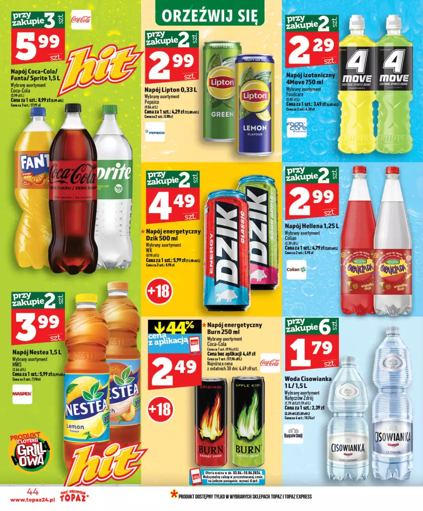 Gazetka promocyjna Topaz - Gazetka - ważna 03.06 do 10.06.2026 - strona 44 - produkty: Cisowianka, Coca-Cola, Hellena, Lipton, Napój, Napój energetyczny, Napój izotoniczny, Nestea, Pepsi, Por, Sport, Top, Woda