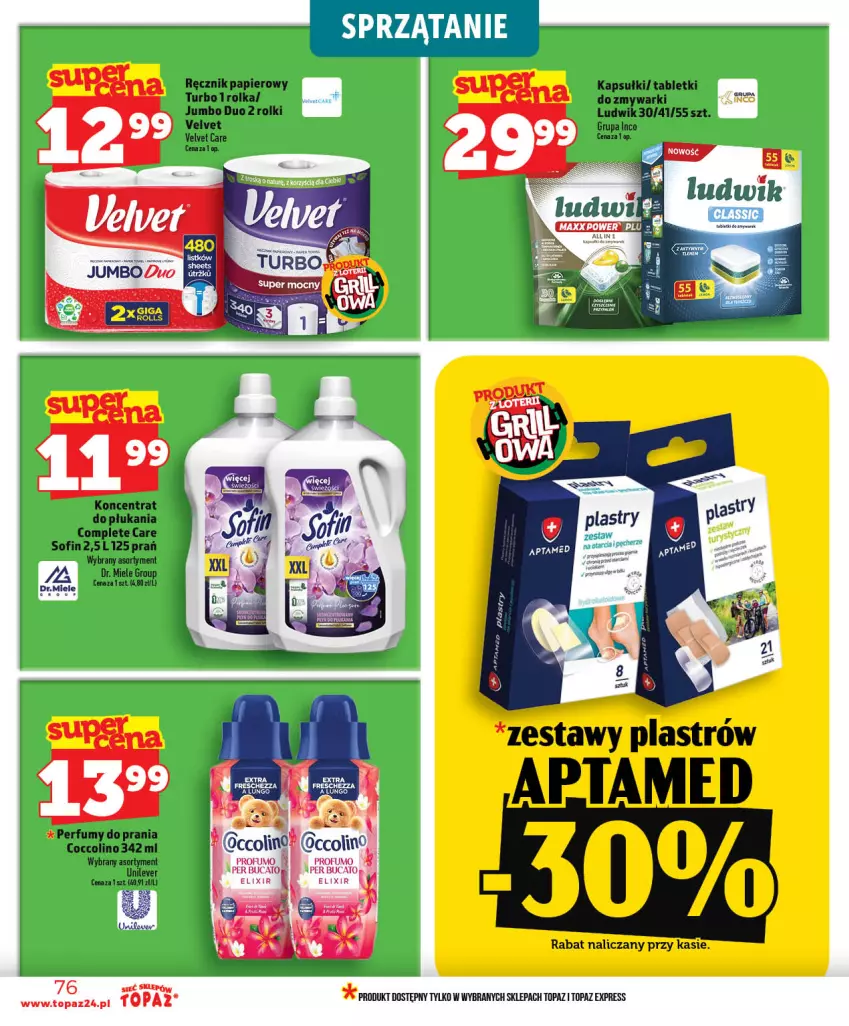 Gazetka promocyjna Topaz - Gazetka - ważna 03.06 do 10.06.2026 - strona 76 - produkty: Coccolino, Ludwik, Papier, Perfum, Ręcznik, Rolki, Sprzątanie, Tablet, Tabletki do zmywarki, Top, Velvet, Zmywarki