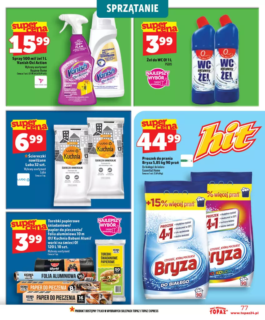 Gazetka promocyjna Topaz - Gazetka - ważna 03.06 do 10.06.2026 - strona 77 - produkty: Babuni, Bryza, Danio, Folia aluminiowa, Kuchnia, Papier, Papier do pieczenia, Piec, Por, Proszek do prania, Sprzątanie, Top, Vanish