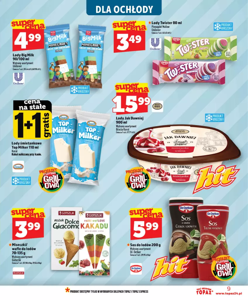 Gazetka promocyjna Topaz - Gazetka - ważna 03.06 do 10.06.2026 - strona 9 - produkty: Big Milk, Lody, Sos, Top, Wafle, Wafle do lodów