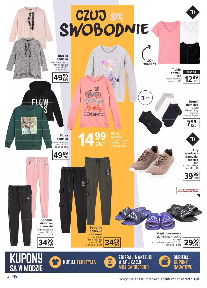 Gazetka promocyjna Carrefour - Gazetka Rodzina domowych kolekcji - ważna 01.02 do 13.02.2021 - strona 4 - produkty: Bluza, Buty, Dres, Klapki, Por, Spodnie, Spodnie dresowe, Sport, T-shirt, Top