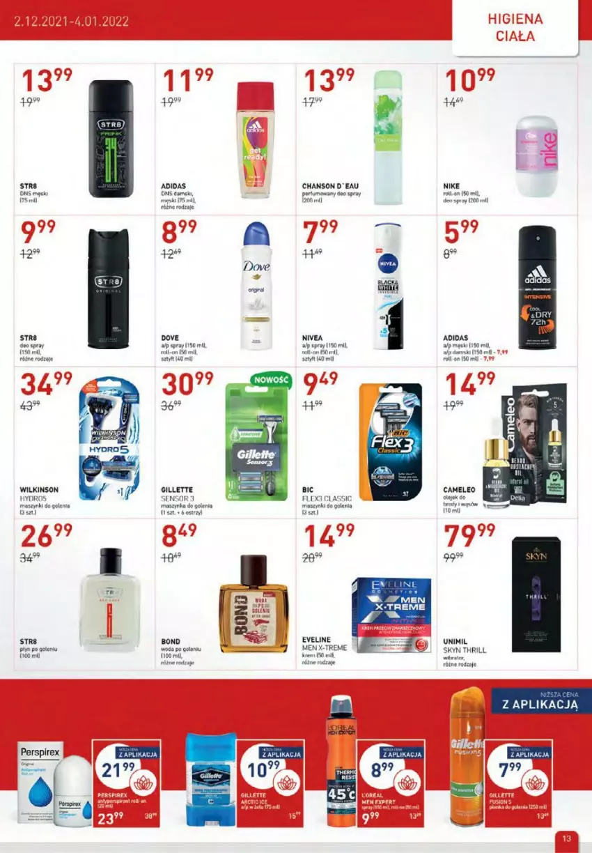 Gazetka promocyjna Drogerie Jawa - Boże narodzenie - ważna 02.12.2021 do 04.01.2022 - strona 13 - produkty: Adidas, BIC, Dove, Eleo, Eveline, Gillette, Maszynka, Maszynka do golenia, Nike, Nivea, Skyn, Str8, Szynka, Unimil