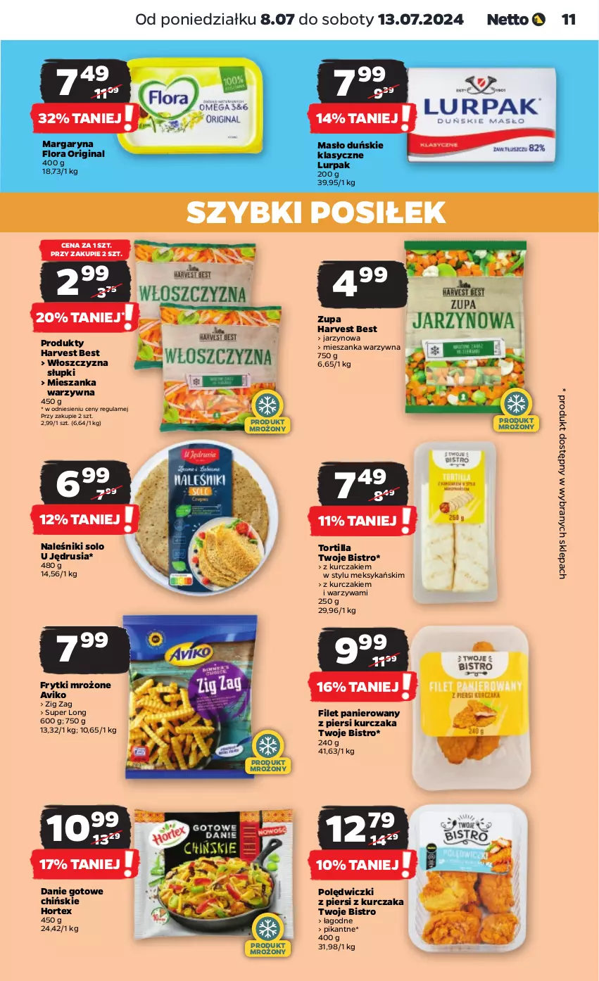 Gazetka promocyjna Netto - Od Poniedziałku - ważna 08.07 do 13.07.2024 - strona 11 - produkty: Danie gotowe, Filet panierowany, Flora, Frytki, Gin, Hortex, Kurczak, Lurpak, Margaryna, Masło, Mieszanka warzyw, Naleśniki, Tortilla, Warzywa, Zupa