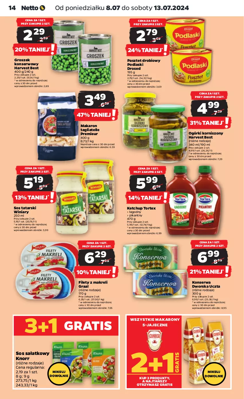 Gazetka promocyjna Netto - Od Poniedziałku - ważna 08.07 do 13.07.2024 - strona 14 - produkty: Gra, Graal, Groszek, Ketchup, Knorr, Korniszony, Makaron, Pasztet, Podlaski, Sałat, Ser, Sos, Tagliatelle, Winiary