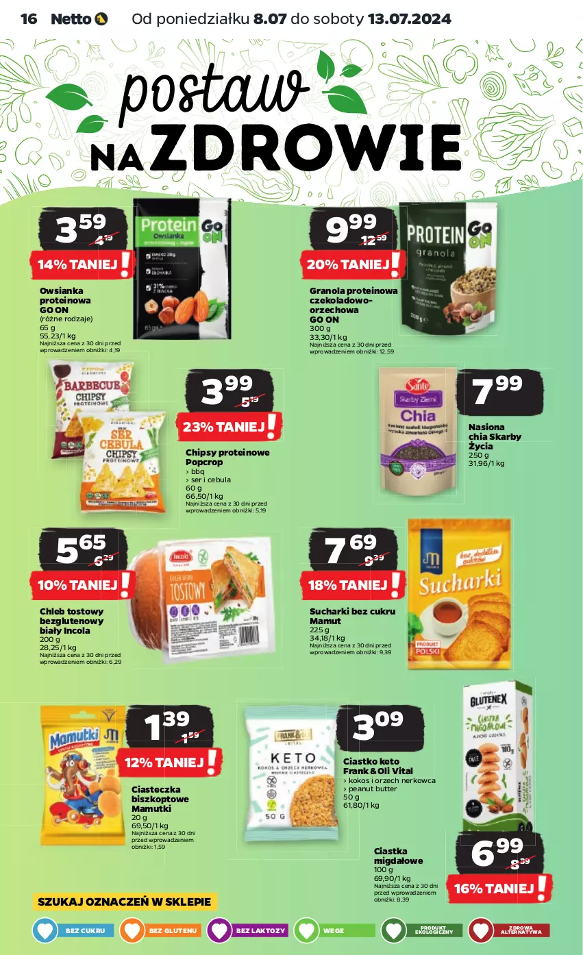 Gazetka promocyjna Netto - Od Poniedziałku - ważna 08.07 do 13.07.2024 - strona 16 - produkty: Cebula, Chia, Chipsy, Chleb, Chleb tostowy, Ciastka, Gra, Granola, Kokos, Owsianka, Ser