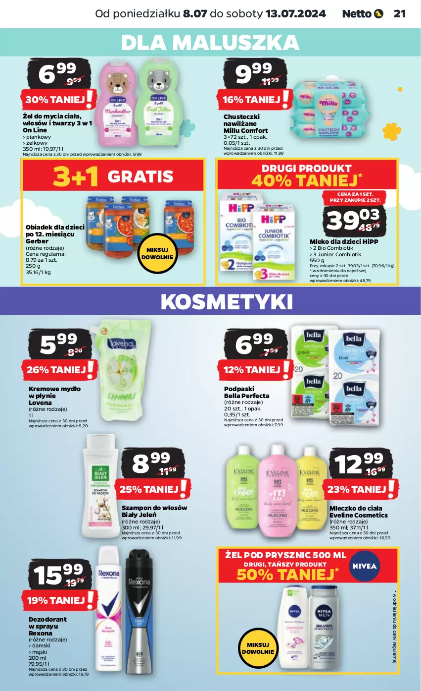 Gazetka promocyjna Netto - Od Poniedziałku - ważna 08.07 do 13.07.2024 - strona 21 - produkty: Bell, Bella, Biały Jeleń, Chusteczki, Dezodorant, Dzieci, Eveline, Gerber, Gra, HiPP, Mleczko, Mleczko do ciała, Mleko, Mleko dla dzieci, Mydło, Mydło w płynie, Perfecta, Podpaski, Rexona, Szampon