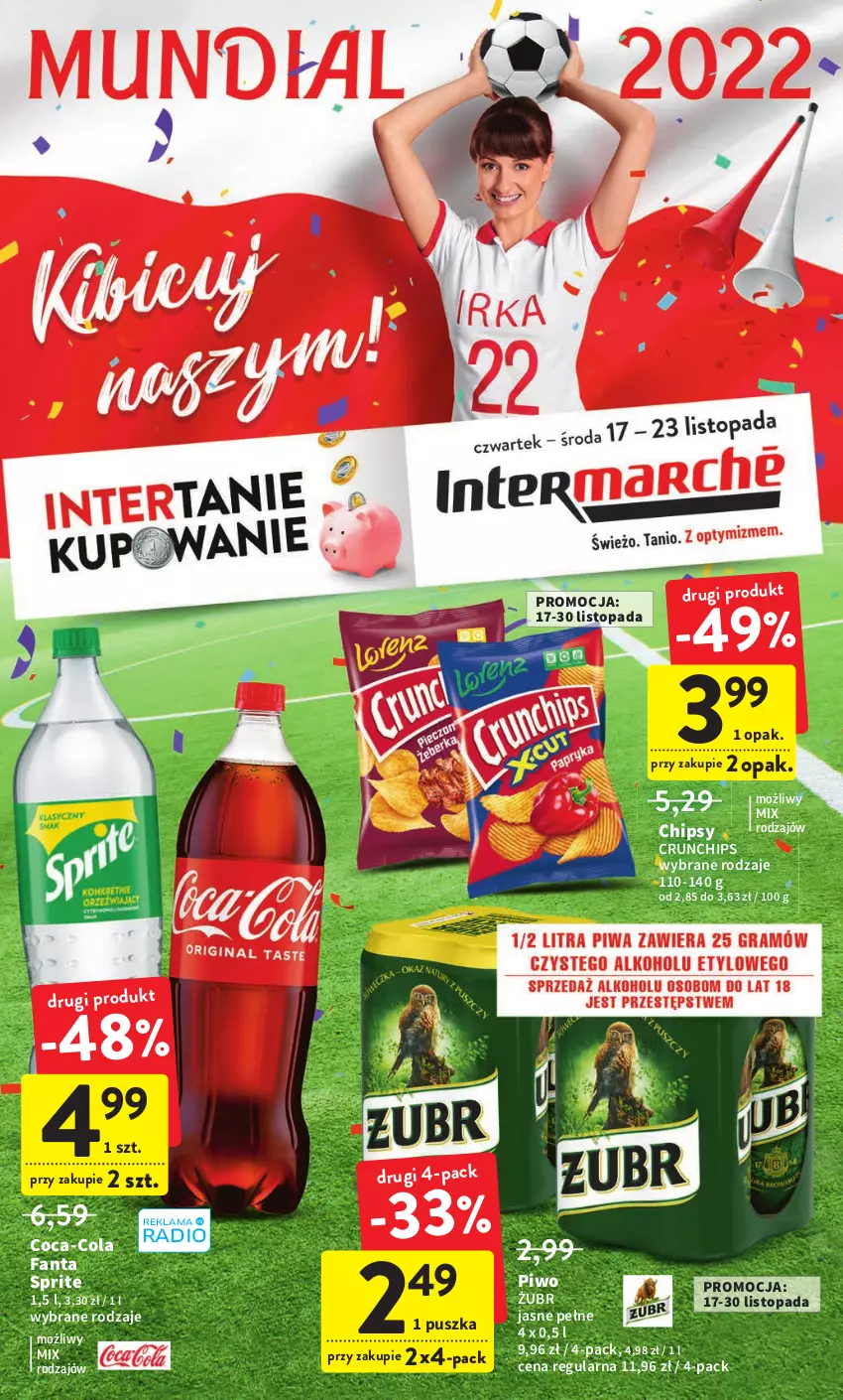 Gazetka promocyjna Intermarche - Gazetka Intermarche - ważna 17.11 do 23.11.2022 - strona 1 - produkty: Chipsy, Coca-Cola, Crunchips, Fa, Fanta, Piwo, Sprite, Top