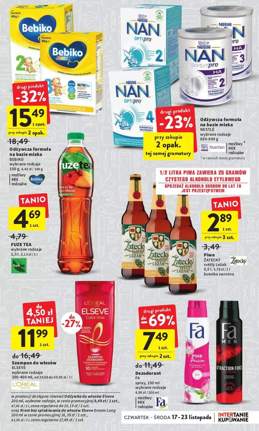 Gazetka promocyjna Intermarche - Gazetka Intermarche - ważna 17.11 do 23.11.2022 - strona 11 - produkty: Bebiko, Dezodorant, Elseve, Fa, Gra, Nestlé, Odżywka, Piwa, Piwo, Rama, Szampon, Top