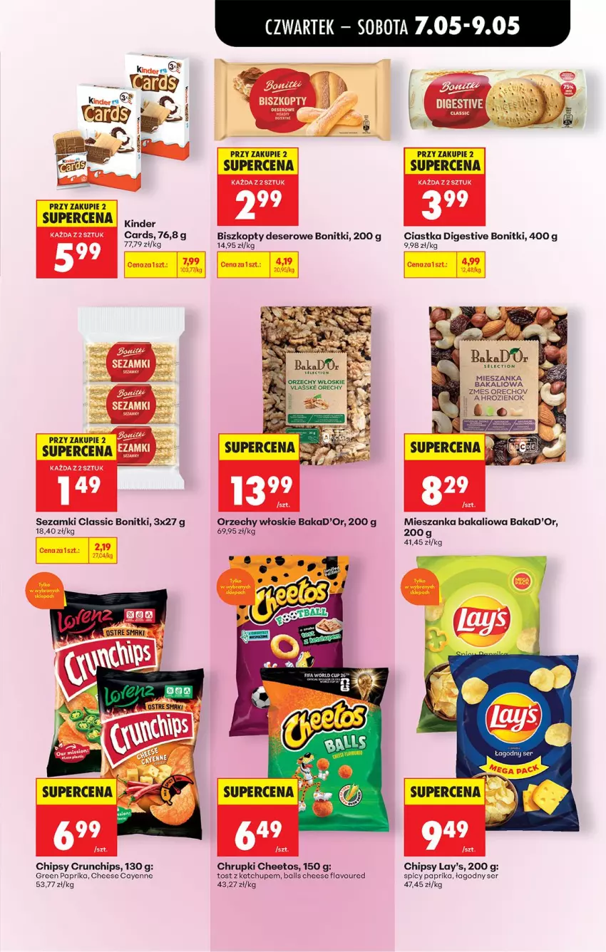 Gazetka promocyjna Biedronka - Od Czwartku - ważna 07.05 do 13.05.2026 - strona 53 - produkty: Biszkopty, Bonitki, Cheetos, Chipsy, Chrupki, Ciastka, Crunchips, Deser, Fa, Ketchup, Mieszanka bakaliowa, Orzechy włoskie, Ser, Sezam