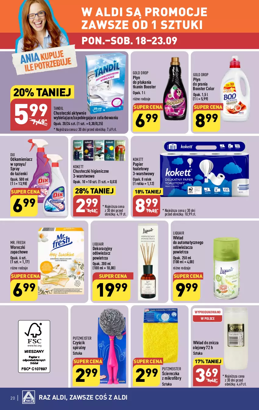 Gazetka promocyjna Aldi - Pełna oferta - ważna 18.09 do 23.09.2023 - strona 20 - produkty: Booster, Chusteczki, Fa, Odkamieniacz, Odświeżacz powietrza, Olej, Papier, Papier toaletowy, Płyn do płukania, Płyn do prania, Putzmeister, Znicz